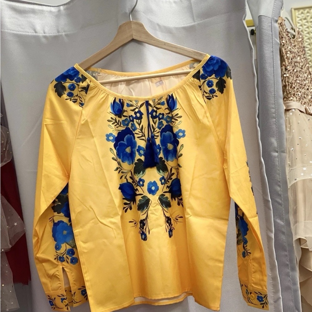 Floral Embroidered Yellow and Blue Women's Top